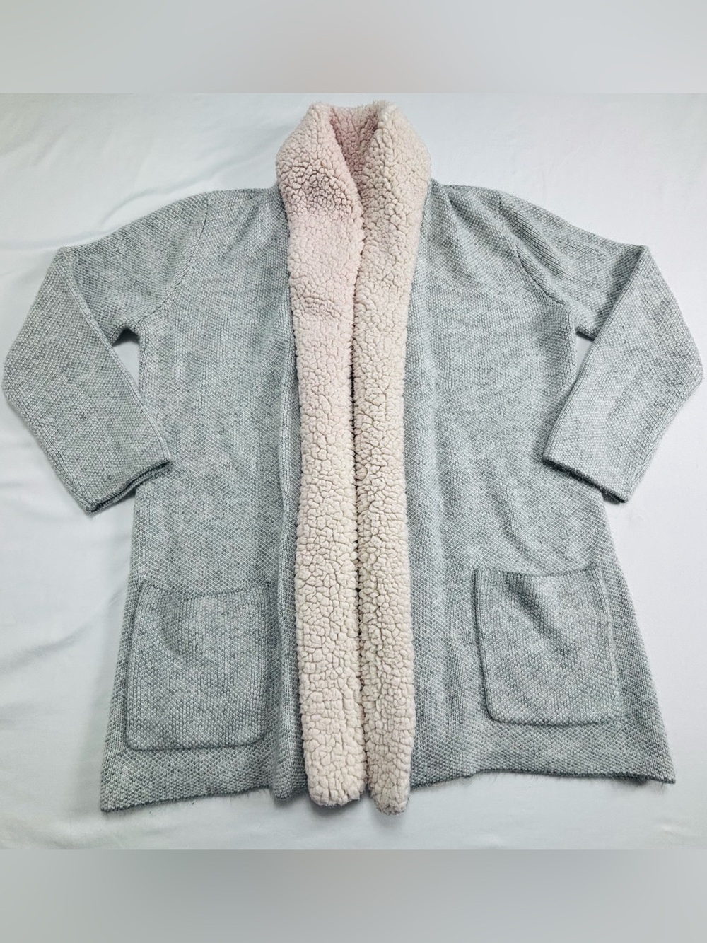 Style & Co Cozy Open-Front Cardigan with Sherpa Trim - Light Gray & Cream W508